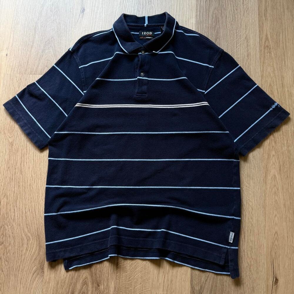 Izod Polo Shirt Medium Navy Blue Striped Golf Casual